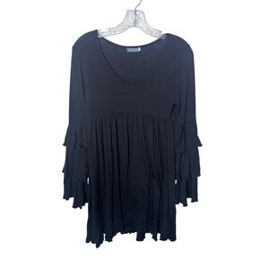 Earthbound Trading Co Womens Small Black Ruffle Bell Sleeve Babydoll Tunic‎ Top